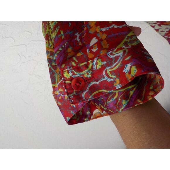 Investments Women 8 Satin Blouse V-Neck Button Up Colorful Boho Floral Bow Tie - Picture 5 of 7